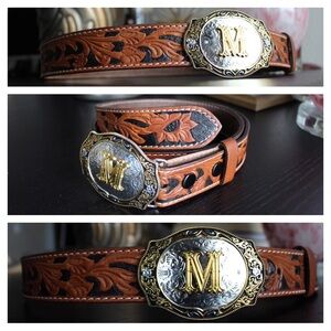 Western Genuine Leather Floral Tooled Casual Jeans Belt With Removeable Buckle